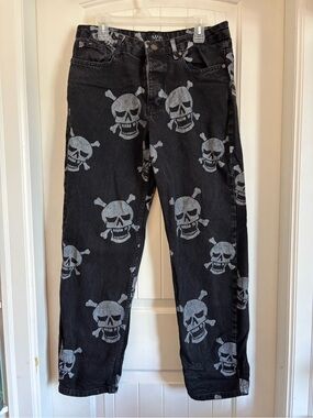 Boohoo Skull Print Black Men's Button Fly Jeans — Size 34